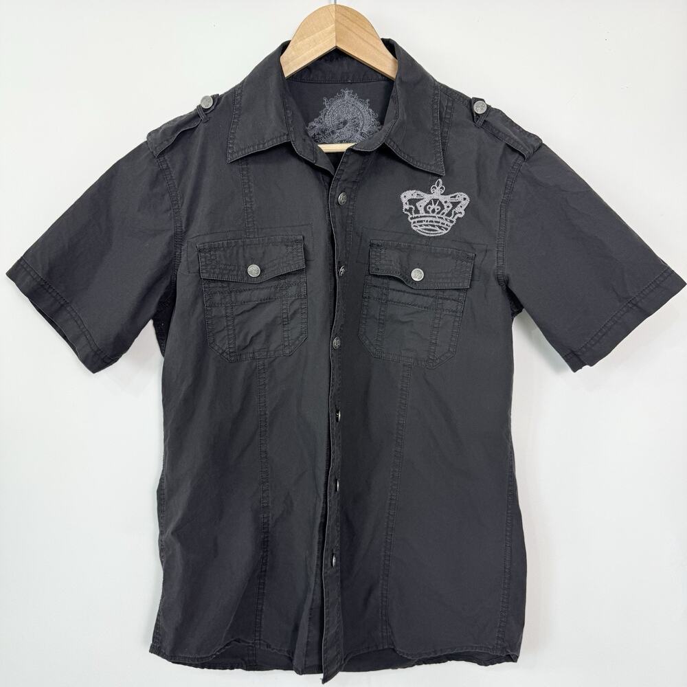 7 Diamonds Button Up Shirt Mens Med Black Embroidered Crown Graphic Print Back